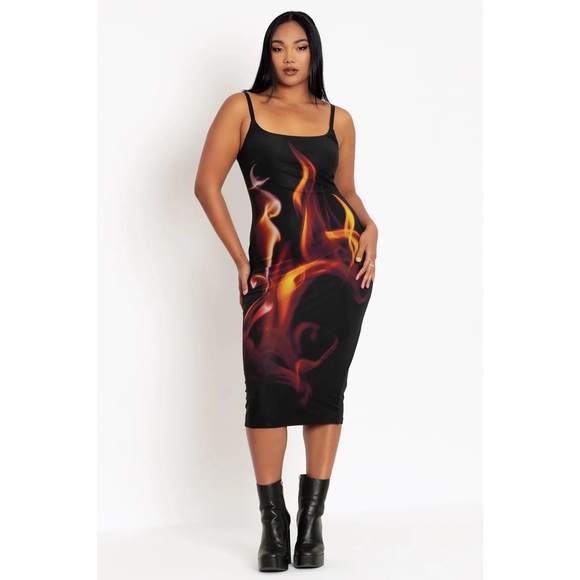 Blackmilk Inferno Sheer Bodycon Slip Dress LIMITED - midi black mesh flame XL - Picture 7 of 10